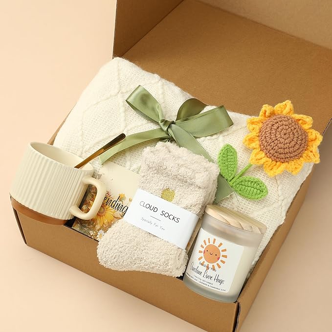 Self Care Gifts for Women - Luxury Package with 50"x70" Cozy Knitted Blanket, Fuzzy Socks, Soy Candle, Sunflower Decor | Birthday, Thinking of You, Get Well Gifts | Mom, Girlfriend, Best Friend