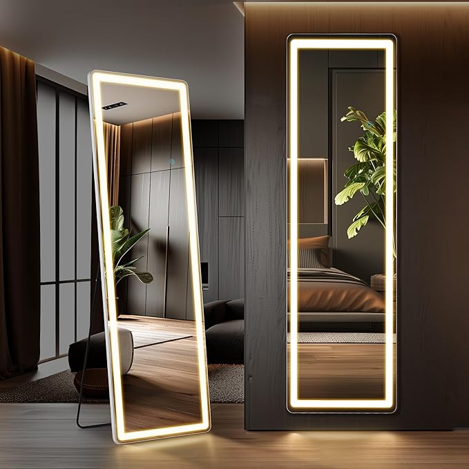 DUMOS 16"×60" Full Length Mirror with Light, LED Floor Full Body Mirror with 3 Color Lighting, Wall Mounted Stand Mirror for Bedroom, Dressing Room, Living Room, Bathroom