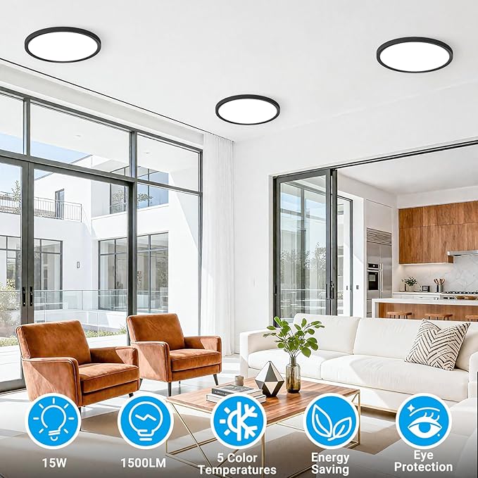 2 Pack LED Flush Mount Ceiling Light,7Inch 15W,3000K/3500K/4000K/5000K/6500K 5 Color Temperatures Ceiling Light Fixture for Kitchen Porch Hallway Bedroom Bathroom and Closet,Black