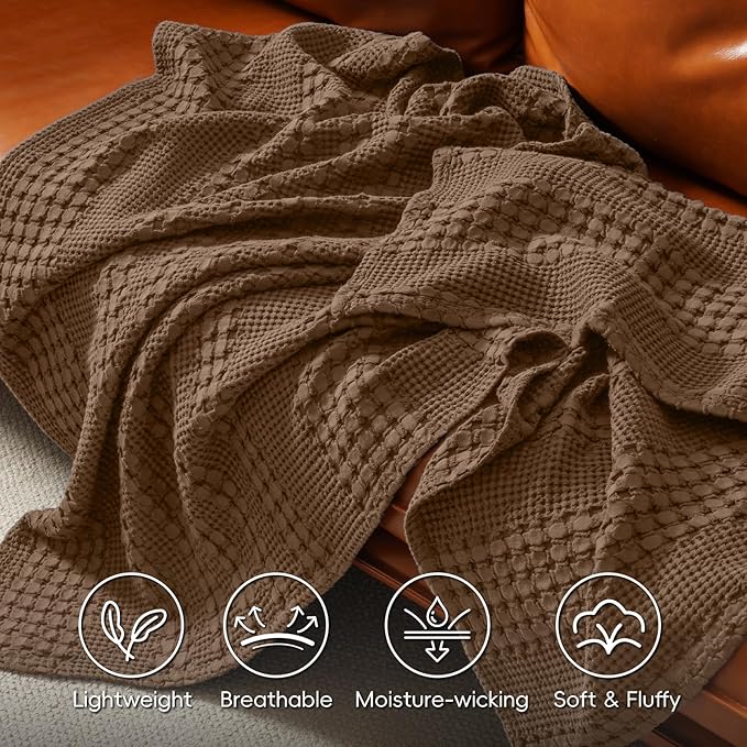PHF 100% Cotton Waffle Weave Blanket Twin Size for Bed, Soft Lightweight & Breathable for Spring and Summer, All-Season Comfort, Luxury Aesthetic Blanket for Home Decor, 66"x90", Chocolate