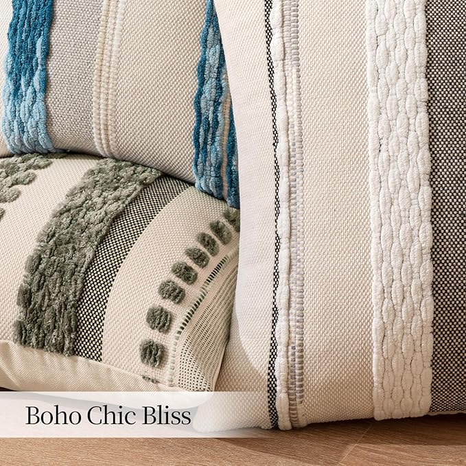 ANRODUO Pack of 2 Boho Decorative Throw Pillow Covers 18x18 Farmhouse Cushion Case Striped Chenille Pillow Cases Square Pillow Covers Accent Neutral Pillowcase for Sofa Couch Bed, Gray Stripe 2