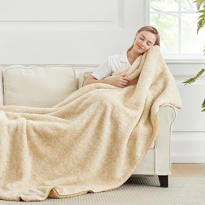 Cozy Bliss Sherpa Throw Blanket for Couch, Cozy Fleece Thick Warm Blanket for Winter, Reversible Soft Fuzzy Plush Throw Gifts for Women and Men, Room Decor (Mottled Beige, 50" x 60")
