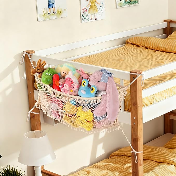 2 Pack Stuffed Animal Storage Net, Large Bedside Toy Organizer Net, Cotton Plushie Toy Storage Hammock with Tether for Stuffed Animals Playroom Organization