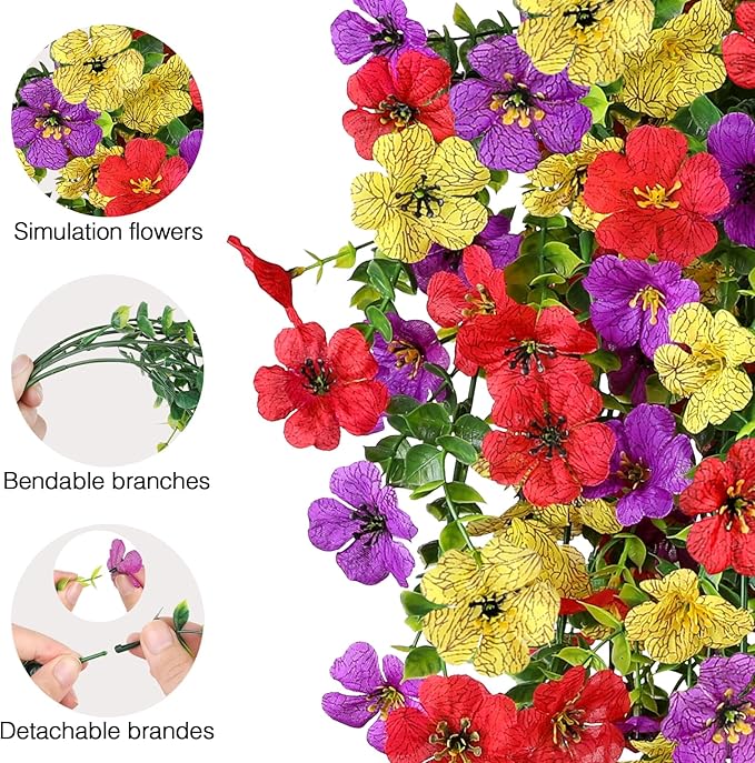 Artificial Flowers for Outdoors Spring Decor, 6 Bundles UV Resistant Realistic Fuax Silk Hanging Flowers, Fake Plants for Planter Indoor Outside Garden Porch Patio Balcony Yard Farmhouse（Mix）