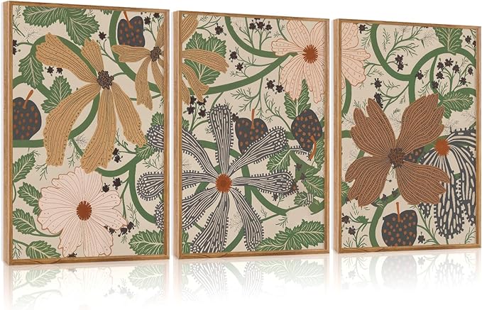 CHDITB Bohemian Floral Framed Canvas Wall Art Set Of 3,Farmhouse Flowers Wall Decor, Nature Botanical Artwork Boho Green Vines Wildflowers Art Prints For Dining Room Bedroom Decor (12X16 Inch)