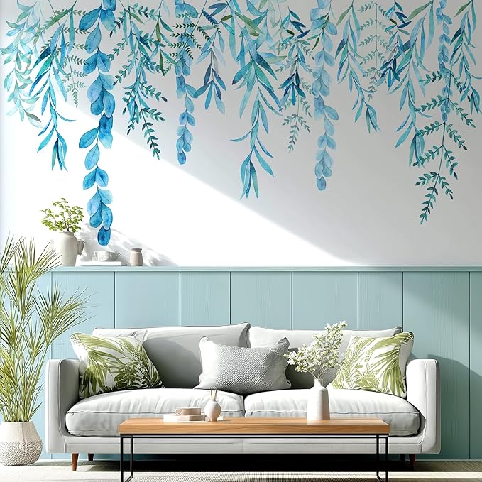 Blue Hanging String of Willow Wall Decals Peel and Stick, Large Plants Vinyl Wall Stickers, Removable Vine Home Decor Art for Bedroom Living Room Classroom Office