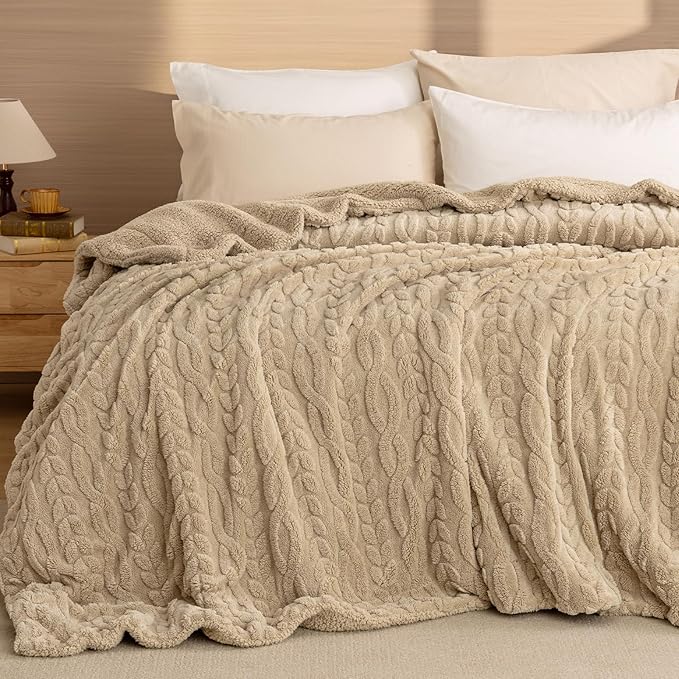 PHF Fluffy Sherpa Blanket King Size for Winter, Warm and Soft, 510GSM 3D Jacquard Thick Shaggy Fleece Plush Blanket for Sofa Bed, Khaki, 108"x90"