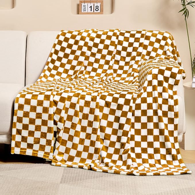 FY FIBER HOUSE Checkered Flannel Fleece Throw Blanket Soft Cozy Checkerboard Grid Print Chessboard Gingham Pattern Blankets for Bed Couch Sofa, 60"x80", Oak