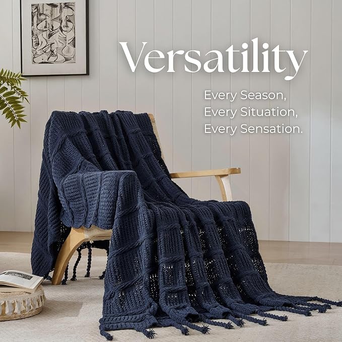 Boho Knitted Chenille Blanket with Tassels - Lightweight & Soft All-Season Throw - 3D Classic Pattern for Living Room Bedroom Couch, Royal Blue, Throw 50"x60"