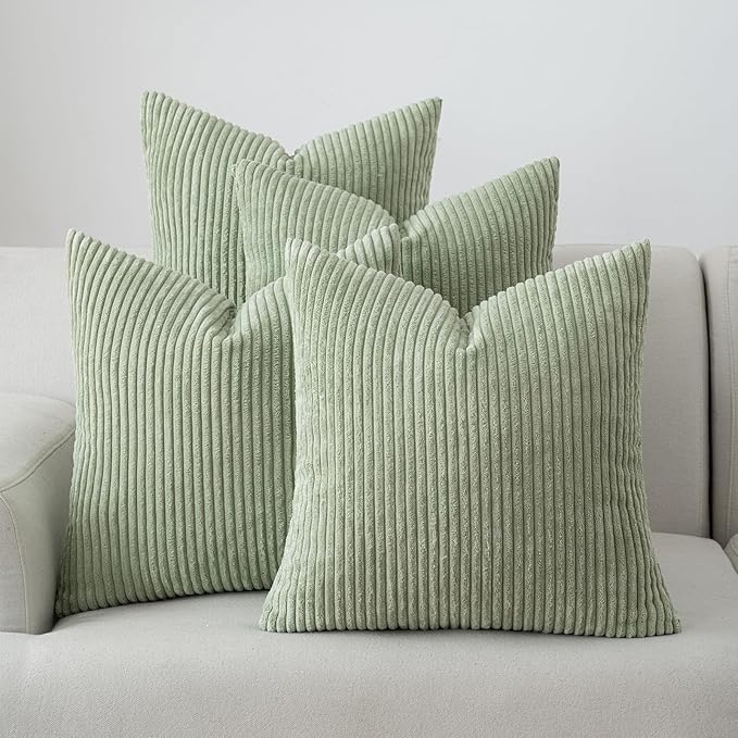 Volcanics Set of 4 Sage Green Corduroy Decorative Couch Throw Pillow Covers 18x18 Inch, Western Modern Farmhouse Striped Cushion Cases, Soft Boho Square Accent Pillow Covers for Home Sofa