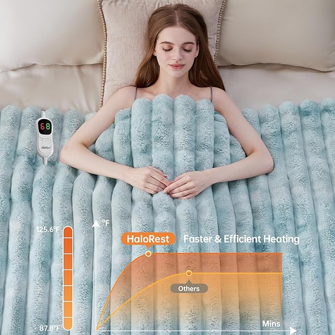 Heated Throw Blanket, Faux Fur Cozy Heating Blanket with Overheat Protection, 1/2/4/6/8 Hours Auto-Off 10 Heat Level, Machine Washable (62x84 Inches, Blue)