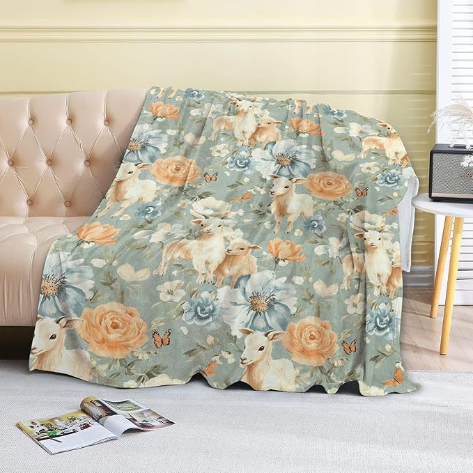 Lamb and Flower Fleece Blanket - 60x80in Cute Sheep Floral Retro Throw Blankets,Soft Cozy Lightweight, Ideal for Living Room Home Rustic Decor and Kids Boys Girls Spring Gifts