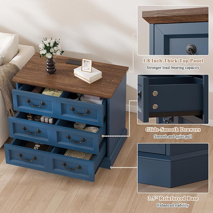 27.6" Wide Farmhouse Nightstand with Charging Station, 3 Drawer Nightstands Set of 2, Larger Side Table End Table, Modern Night Stand for Bedroom, Living Room, Blue Nightstand