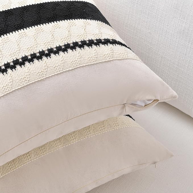 Fancy Homi Set of 2 Boho Black Long Lumbar Decorative Throw Pillow Cover 12x24 Inch for Couch Bed Sofa Chair, Modern Organic Farmhouse Home Decor, Soft Cotton Cute Accent Rectangle Cushion Case