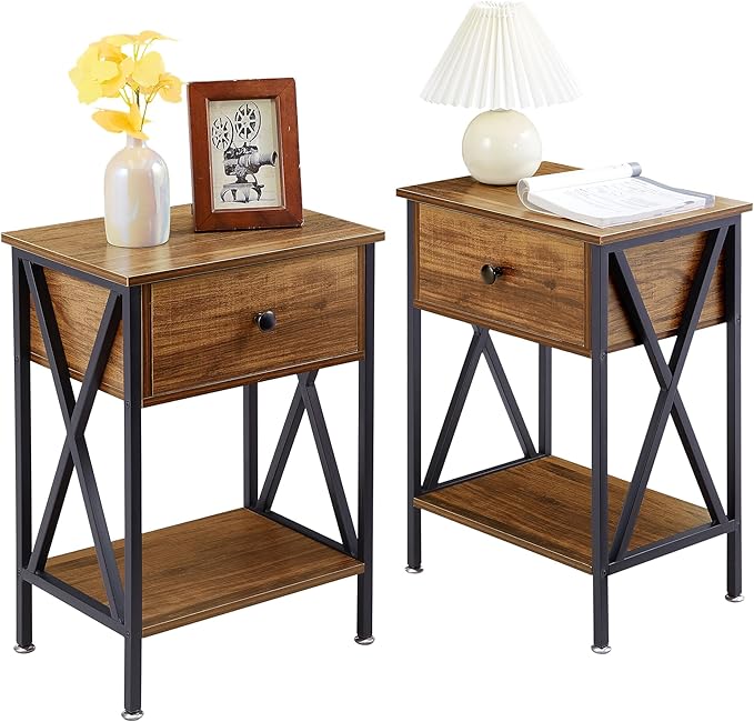 VECELO Nightstands Set of 2, Modern Bedside End Tables, Night Stands with Drawer and Storage Shelf for Living Room Bedroom, Industrial Metal Frame
