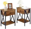 VECELO Nightstands Set of 2, Modern Bedside End Tables, Night Stands with Drawer and Storage Shelf for Living Room Bedroom, Industrial Metal Frame