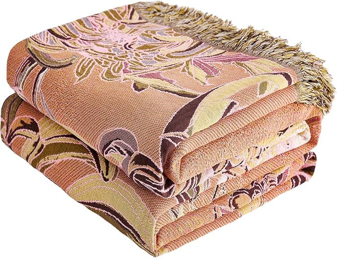 Boho Throw Blanket 60" x 80", 100% Organic Cotton Breathable Skin-Friendly Ultra Soft Bed Quilt Throw - Floral Rustic Decor Luxury Reversible Blanket for Sofa Couch Chair and Gift,