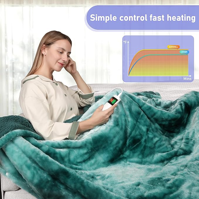 Electric Heated Blanket Full 72''x84''Size Faux Fur Heating Blanket 10 Heating Settings, 1-8h Timer & Overheat Protection, Machine Washable, Soft Flannel and Sherpa Full Body Warmth
