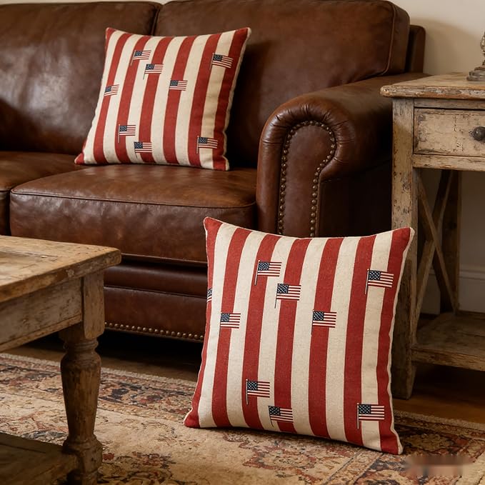 Patriotic Throw Pillow Covers, Red White Blue, Linen, 18x18 Inch, Set of 2, Farmhouse Style, July 4th Independence Day