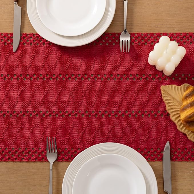 Socomi Boho Table Runner Macrame Long Easter Spring Farmhouse Woven Cotton Linen Rustic Coffee Table Runner with Tassels for Dresser Scarf Home Decor Dining Room 12x108 in Red