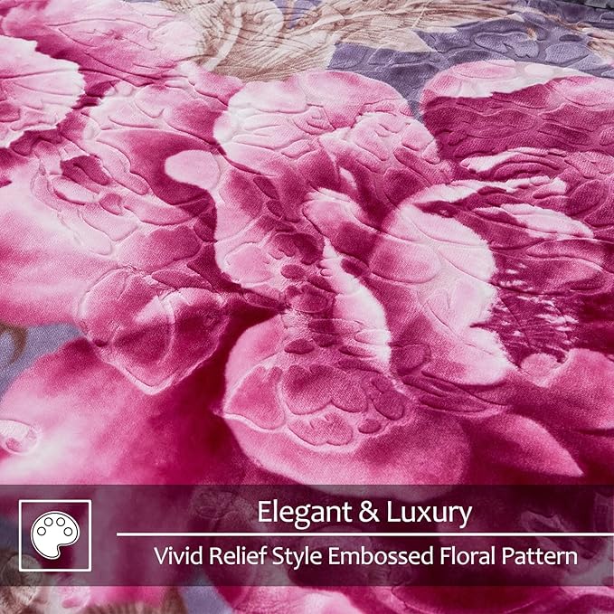 JYK Korean Faux Mink Fleece Blanket 83" X 91", 5.7 LB - 2 Ply Reversible Soft Warm Plush Flannel Blanket, A&B Pattern Printed Embossed Microfiber Blanket, (Light Purple Peony/Peony, King)
