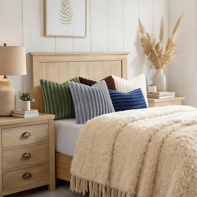 decorUhome Cozy Faux Fur Throw Pillow Covers 12x20 Set of 2 Decorative Soft Plush Striped Lumbar Modern Farmhouse Boho Couch Pillow Cases with Velvet Back for Sofa Bed Living Room, Grey