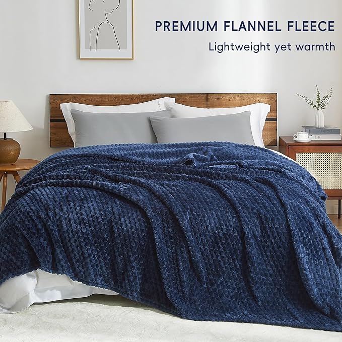 PHF Ultra Soft Flannel Fleece Blanket Queen Size, Lightweight 3D Jacquard Fleece Blanket, No Shedding, No Pilling, Luxury 340GSM Aesthetic Fluffy Cozy for Bed Room Decor, 90"x90", Navy Blue