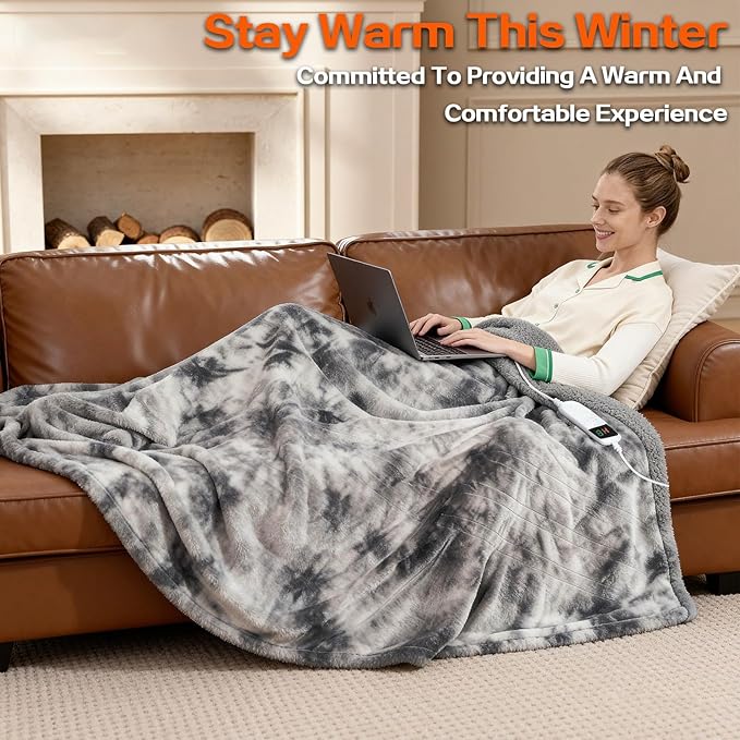 Electric Heated Blanket Queen 84''x90''Size Faux Fur Heating Blanket 10 Heating Settings, 1-8h Timer & Overheat Protection, Machine Washable, Soft Flannel and Sherpa Full Body Warmth