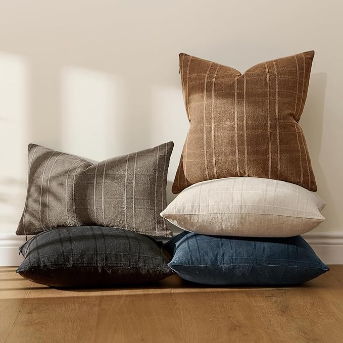 MIULEE Decorative Linen Check Euro Shams Throw Pillow Covers Neutral Farmhouse Vintage Pillow Covers 24x24 Set of 2 Boho Modern Winter Home Decor for Sofa Couch Bedroom Cushion Camel Brown