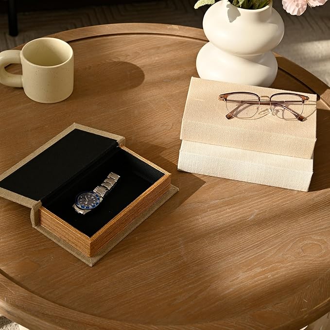 Modern Linen and Wood Decorative Faux Book Boxes Set of 3, 12",Taupe,Beige,Off White