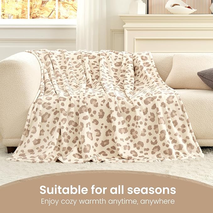Cozy Bliss Leopard Print Fuzzy Throw Blanket for Bed & Couch, Thick Soft Warm Fleece Blankets for Room Decor, for Kids, Women Men Girls, Khaki Brown Cheetah 60"*80"