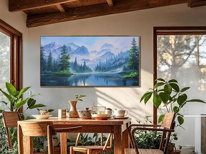 Ardemy Landscape Wall Art Canvas for Living Room, Mountain Lake Nature Bedroom Painting Textured Misty Forest Scenery Picture Green Artwork Home Office Decor, Wood Framed Large 48"x24"