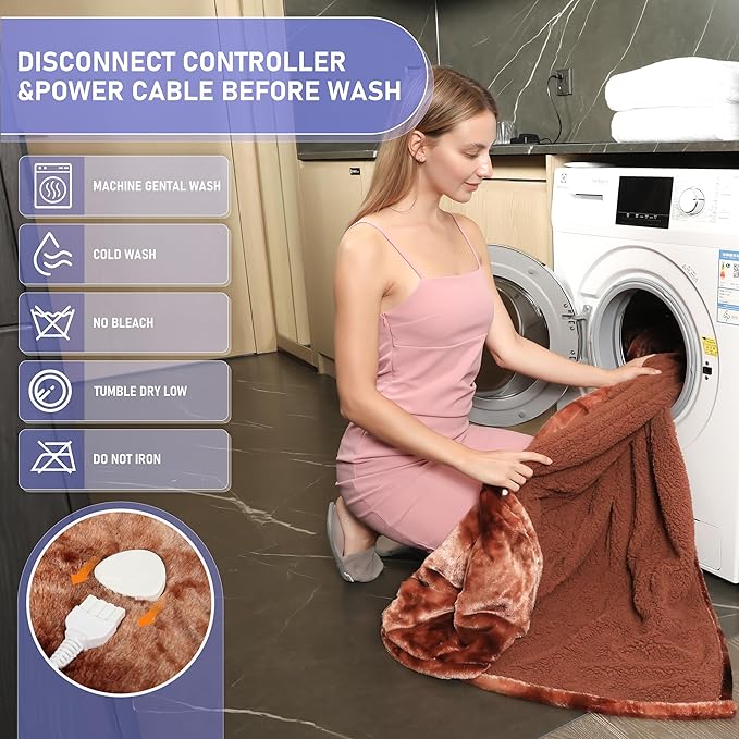 Electric Heated Blanket Throw 50''x60''Size Faux Fur Heating Blanket 10 Heating Settings, 1-8h Timer & Overheat Protection, Machine Washable, Soft Flannel and Sherpa Full Body Warmth