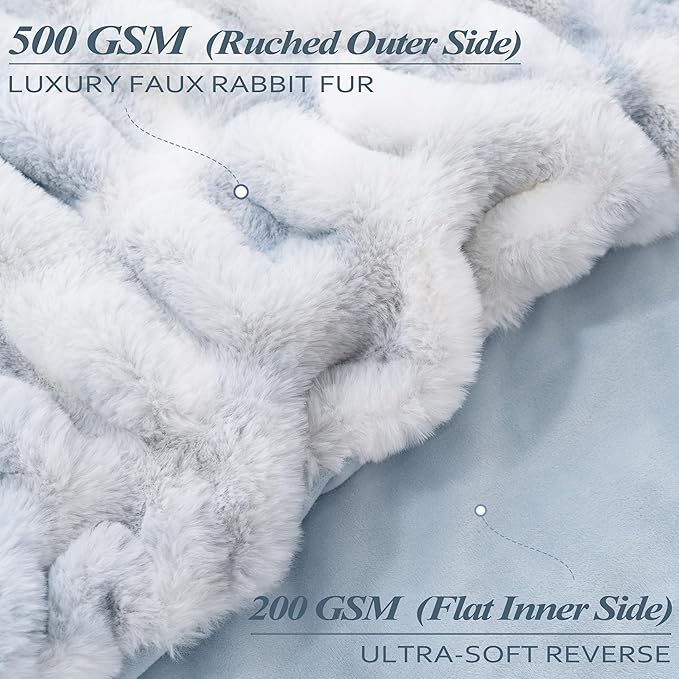 Touchat Ruched Faux Rabbit Fur Blanket, 700 GSM Luxury Dual-Sided Soft Cozy Blanket, Fuzzy Fluffy Plush Throw for Bed, Couch and Sofa - 60"x80", Tie-dye Blue
