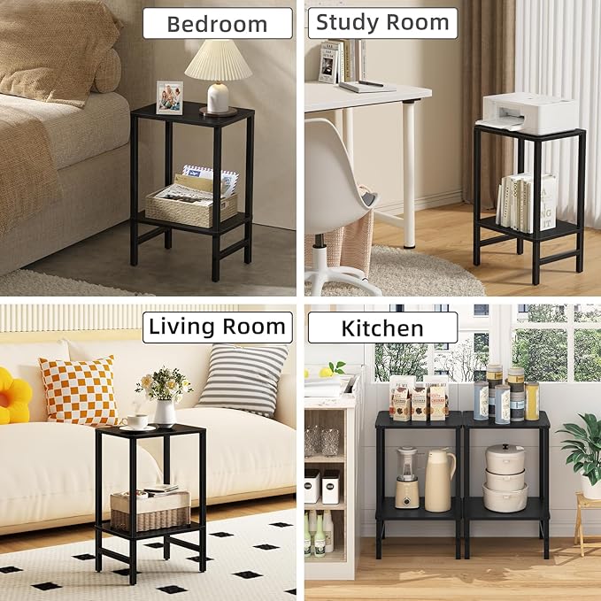 Side Table End Table Tall Night Stand 2-Tier 2 Pack for Living Room Bedroom Bathroom Office Furniture Black