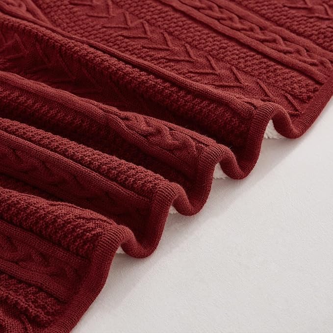 Longhui bedding Acrylic Cable Knit Sherpa Throw Blanket - Thick, Soft, Big, Cozy Wine Red Knitted Fleece Blankets for Couch, Sofa, Bed - Large 60 x 80 Inches Coverlet All Season, Burgundy Color