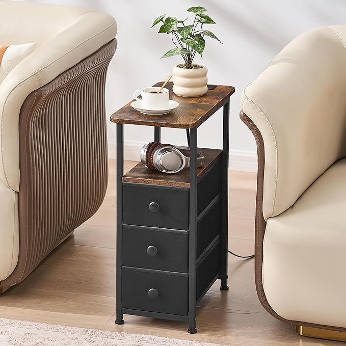 Narrow End Table with Charging Station, Narrow Side Table with Drawer, Small Nightstand with LED Light, Skinny Nightstand, Small Bedside Table for Living Room, Bedroom, Couch, Rustic Brown