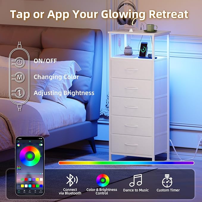 Somdot White Nightstand with Charging Station and LED Light for Bedroom, Tall 5 Drawers Dresser with Fabric Bins for Bedside Kids Dorm Room Closet Laundry Entryway, White Leather