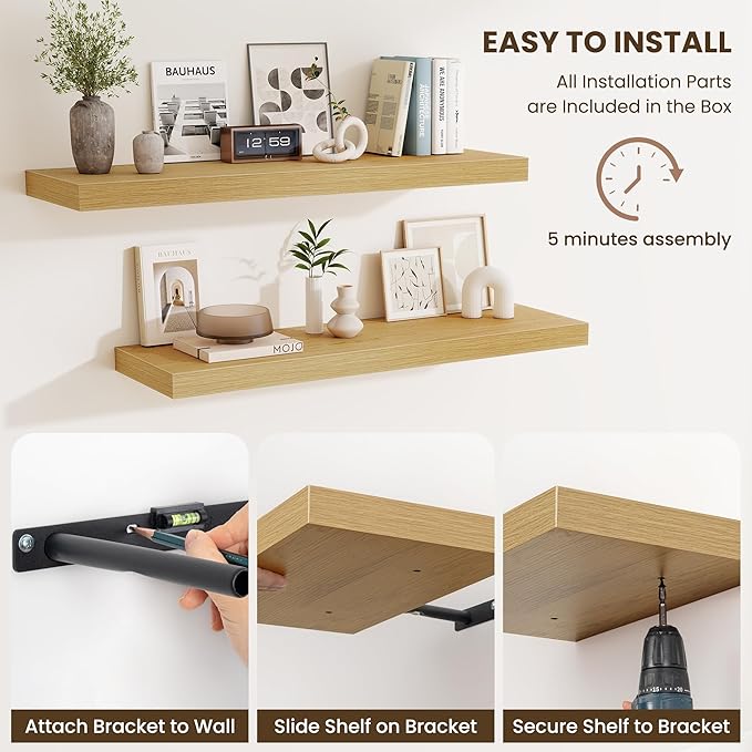 Fun Memories Floating Shelves for Wall - 10" x 10" Wood Shelf with Invisible Bracket - Deep Floating Shelves - 10 Inch Shelf Wall-Mounted for Living Room & Bathroom - Oak - Set of 2