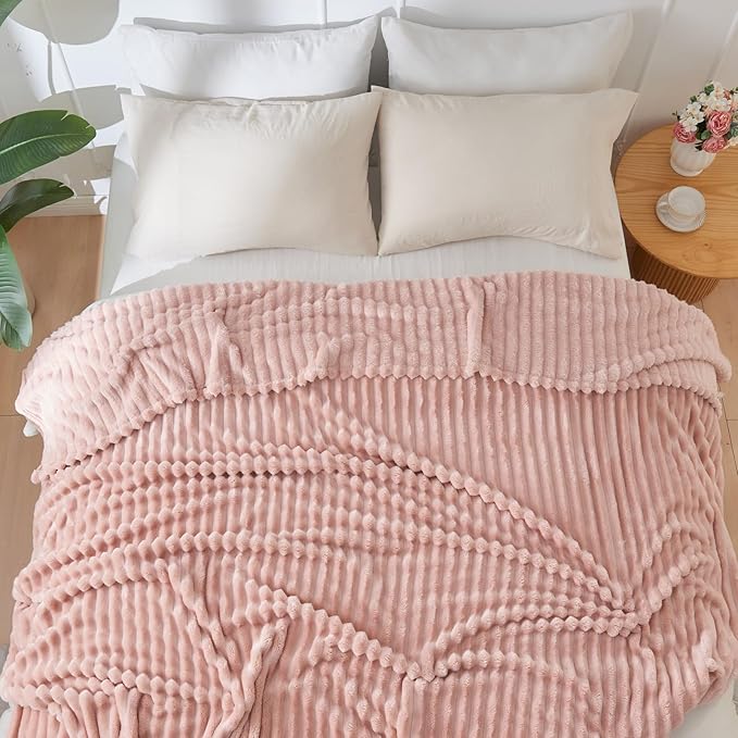 NEWCOSPLAY Super Soft Twin Blanket Pink Premium Silky Flannel Fleece 3D Ribbed Jacquard Lightweight Bed Blanket All Season Use (Pink Ribbed, Twin(60"x80"))