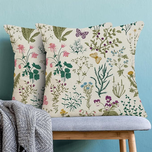 AEIOAE Spring Pillow Covers 20x20 Inch Set of 2,Sage Green Teal Wild Flower Plant Throw Pillows Case,Seasonal Floral Outdoor Decorative Linen Farmhouse Decor Cushion Covers for Home Sofa Bed Couch