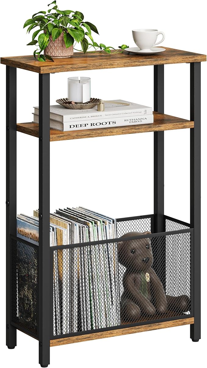 Narrow Side Table with Storage Basket Skinny End Tables for Smalls Spaces 3 Tier Sofa Table Small Nightstand Slim Bedside Table for Living Room Bedroom Rustic Brown MLBZ22RB