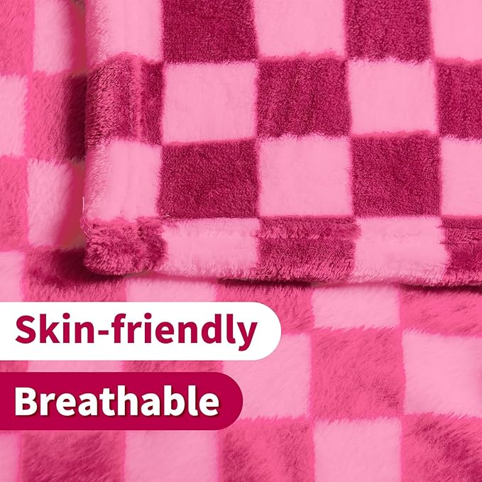 FY FIBER HOUSE Checkered Flannel Fleece Throw Blanket Soft Cozy Checkerboard Grid Print Chessboard Gingham Pattern Blankets for Bed Couch Sofa, 40"x50", Hot Pink