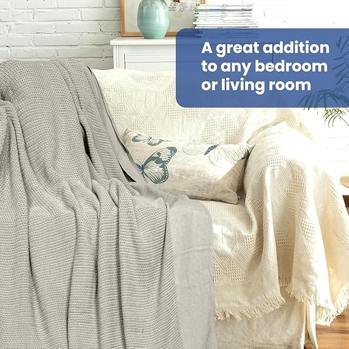 Linteum Textile Supply Leno Weave Oatmeal Blanket, Twin 100% Cotton, Lightweight, Warm, Fluffy, Premium and Durable Soft & Cozy Bed Blanket for Bed, Couch, Sofa Throw for All Season [66x90]