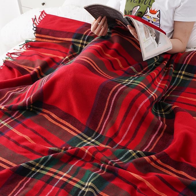 BATTILO HOME Christmas Red Plaid Throw Blanket for Couch, Bed, Super Soft Red Plaid Blankets,Soft Christmas Decorative Throw with Tassels 50"x60"