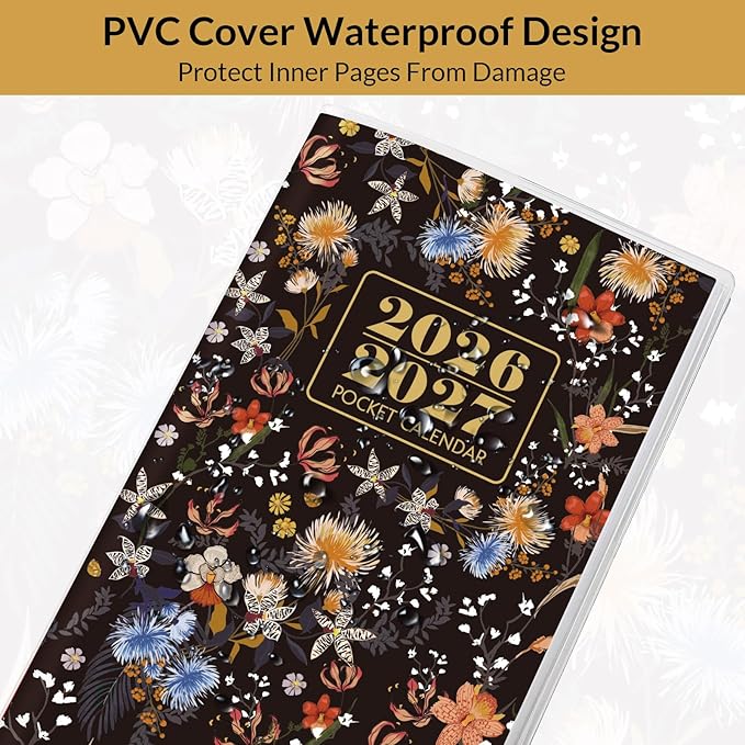 Pocket Calendar 2026-2027, Black 2026-2027 Monthly Planner - 3.7" x 6.7" - Runs from January 2026 Until December 2027, 2026 Pocket Planner with PVC Cover for Home, School, Office Supplies