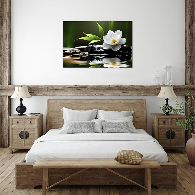 YIOZHAOFH Lotus Flower Wall Art Zen Canvas Inhale Exhale Poster Black Spas Nature Prints Pictures for Meditation Wall Decor Framed Artwork Ready to Hang (20.00" x 30.00")