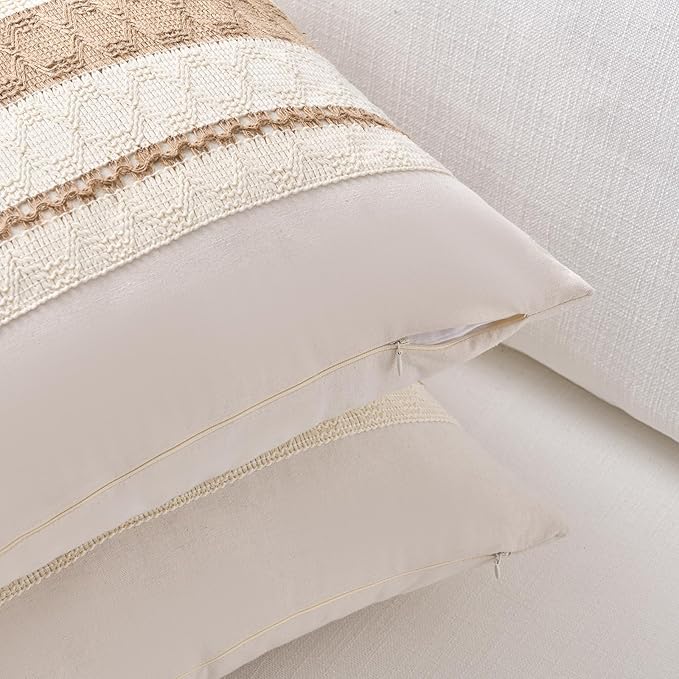 Fancy Homi Set of 2 Boho Neutral Decorative Throw Pillow Cover 16x16 Inch for Couch Bed Sofa, Aesthetic Modern Organic Farmhouse Home Decor, Soft Cotton Cute Accent Macrame Woven Tan Cushion Case