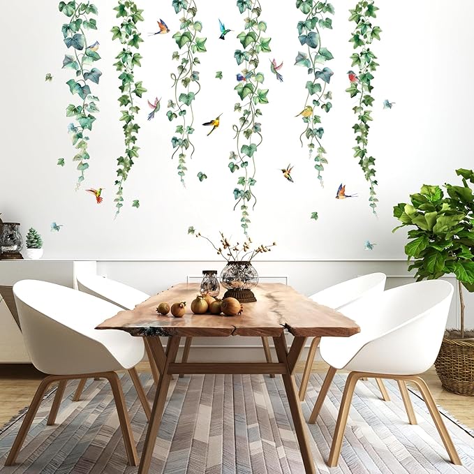 HLNIUC Nature Themed Wall Decal 35PCS Vine and Bird Self Stick Room Sticker Colourful Humming Bird Sticky Wall Decals Spring Day Wall Stickers Peel and Stick Natural Art Decal for Living Room