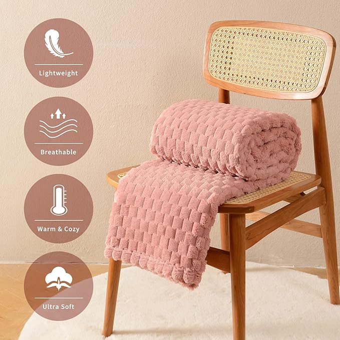 FY FIBER HOUSE Fleece Blanket Queen Size for Bed 300GSM Super Soft Plush Fuzzy Blankets and Throws for Sofa Couch Office, 90x90 Inches, Pink